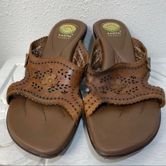 Earth Spirit Gelron 2000 Womens Brown Leather Cut Out  Slide Sandals 9 Wedge - Picture 1 of 8